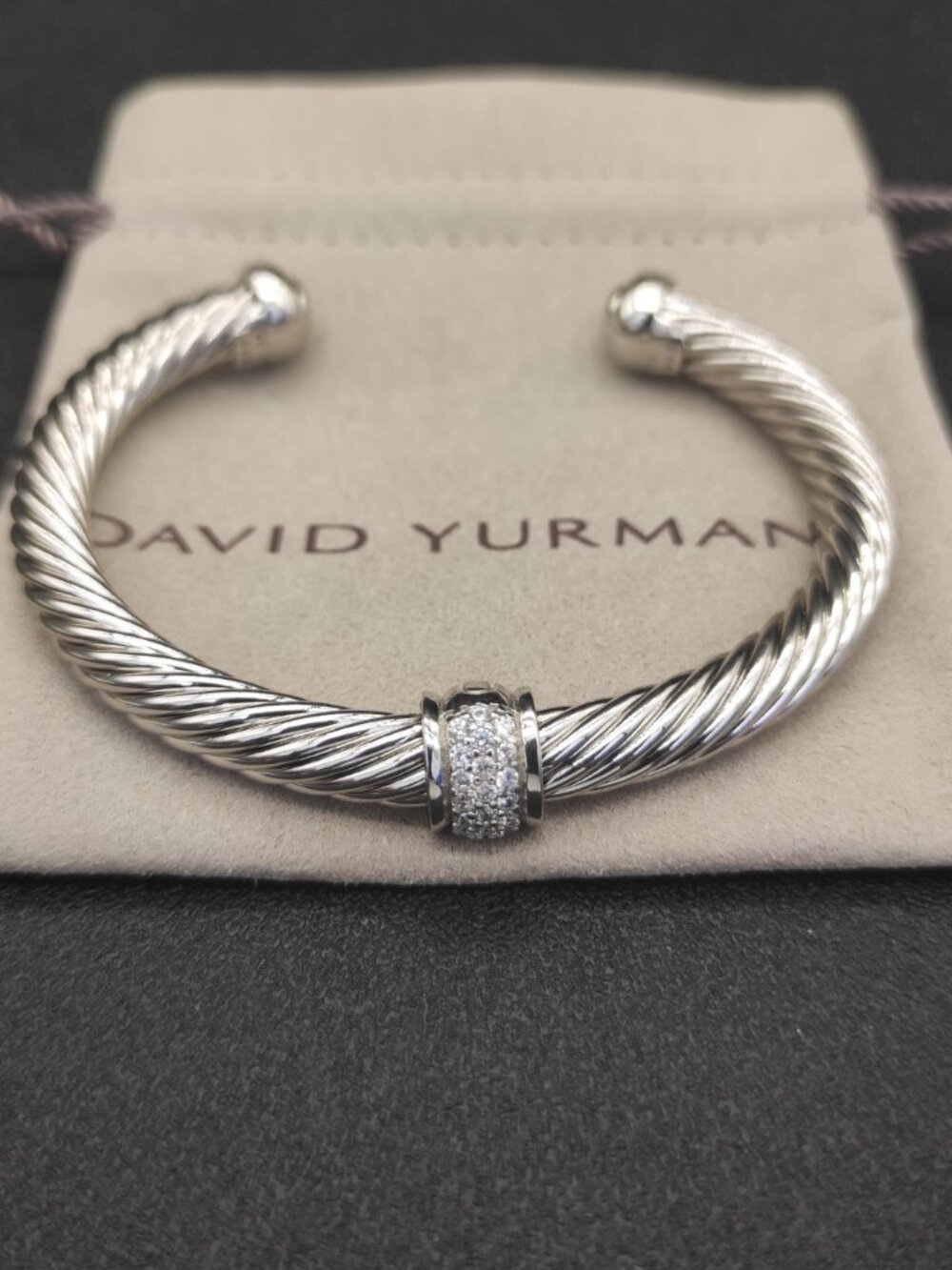 David Yurman 7mm Silver Beaded White Diamond Bracelet